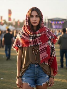 Vintage City Streets Red Plaid Blanket Scarf Festival Morning Wrap w Fringe Trim